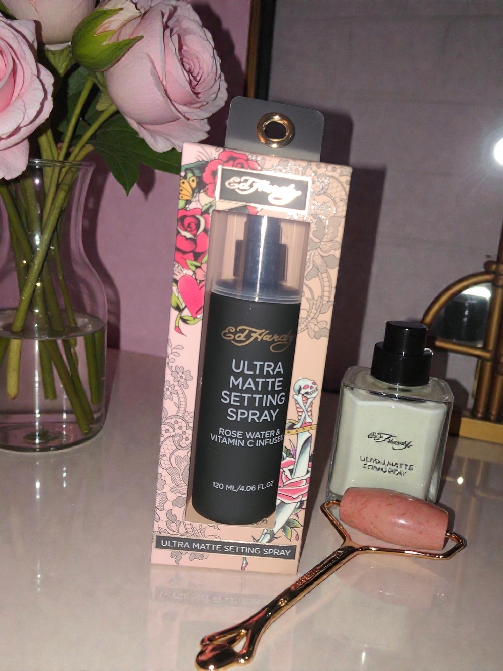 Ed Hardy Ultra Matte Setting Spray in Pink Floral Packaging